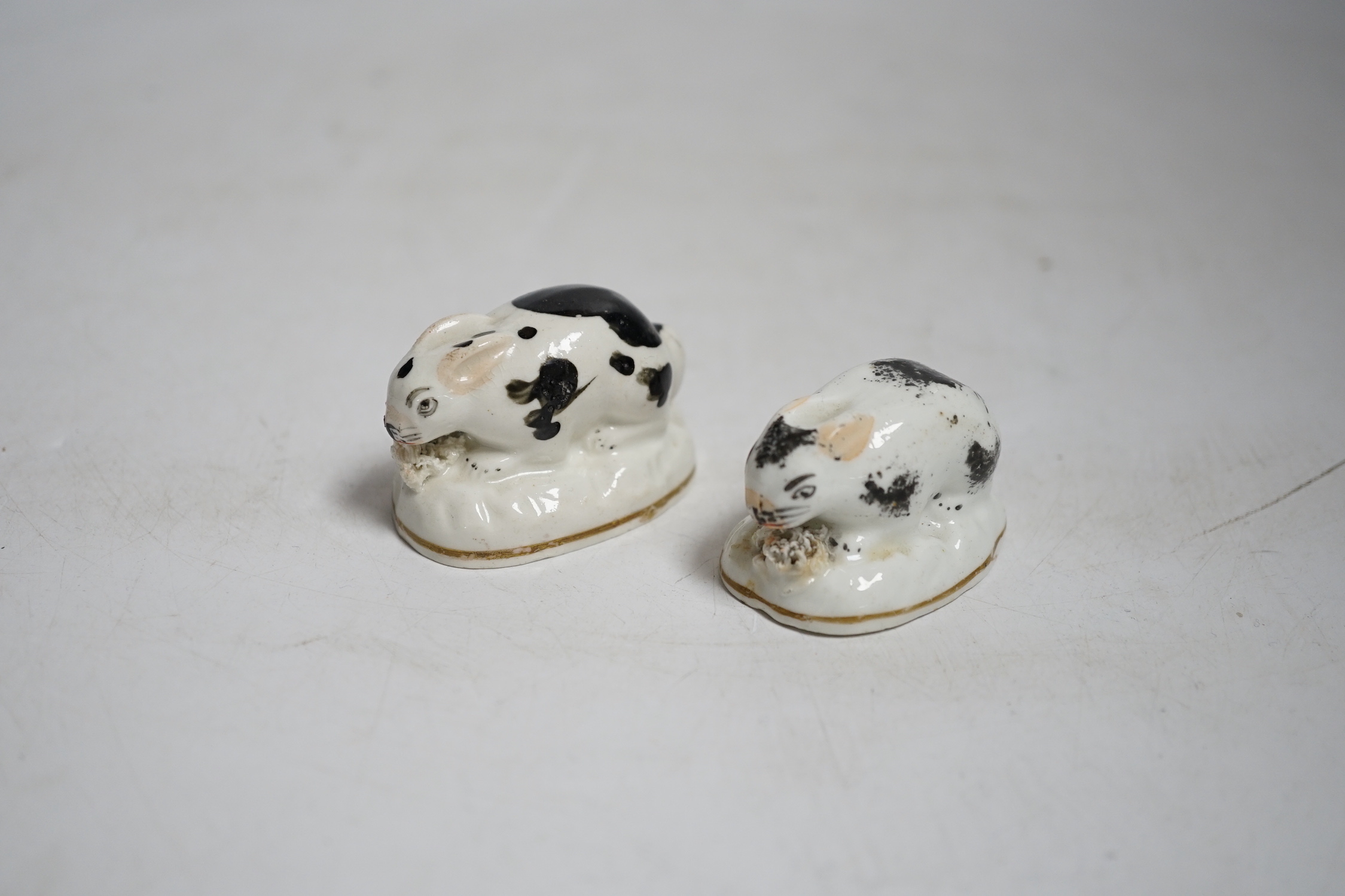 Two Staffordshire porcelain toy models of rabbits, c.1830–50, Provenance: Dennis G. Rice collection, 5 cms wide.